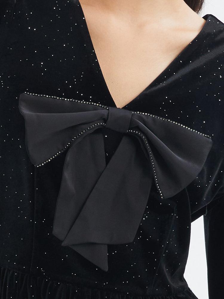 Velvet Detachable Bow Dress GOELIA