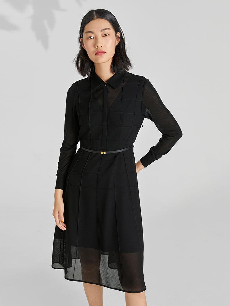 Black Triacetate Mesh Long Sleeve Dress With Belt GOELIA