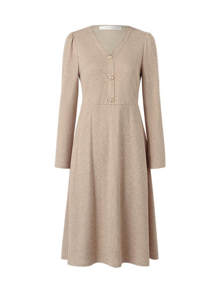 Beige Knit V-Neck Dress GOELIA