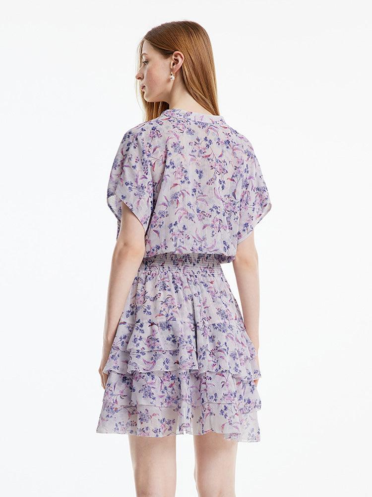 Purple Floral Gathered Waist Dress GOELIA