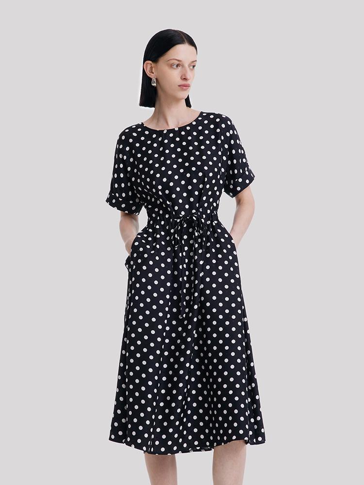 Round Neck Polka Dot Jacquard Silk Dress GOELIA