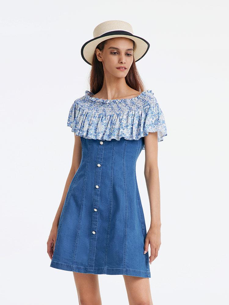 Denim Dress With Patchwork Floral GOELIA