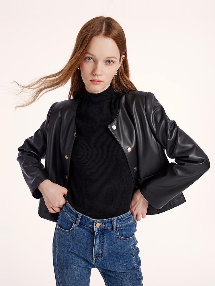 Round Neck Synthetic Leather Jacket GOELIA