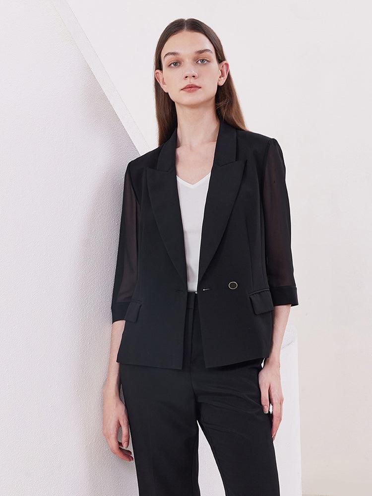 Black Slim Patchwork Sleeve Blazer GOELIA