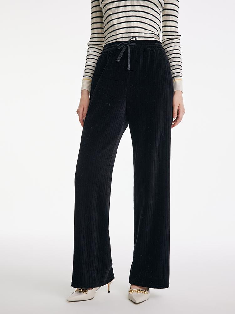 Waist Drawstring Knitted Velvet Straight Pants GOELIA