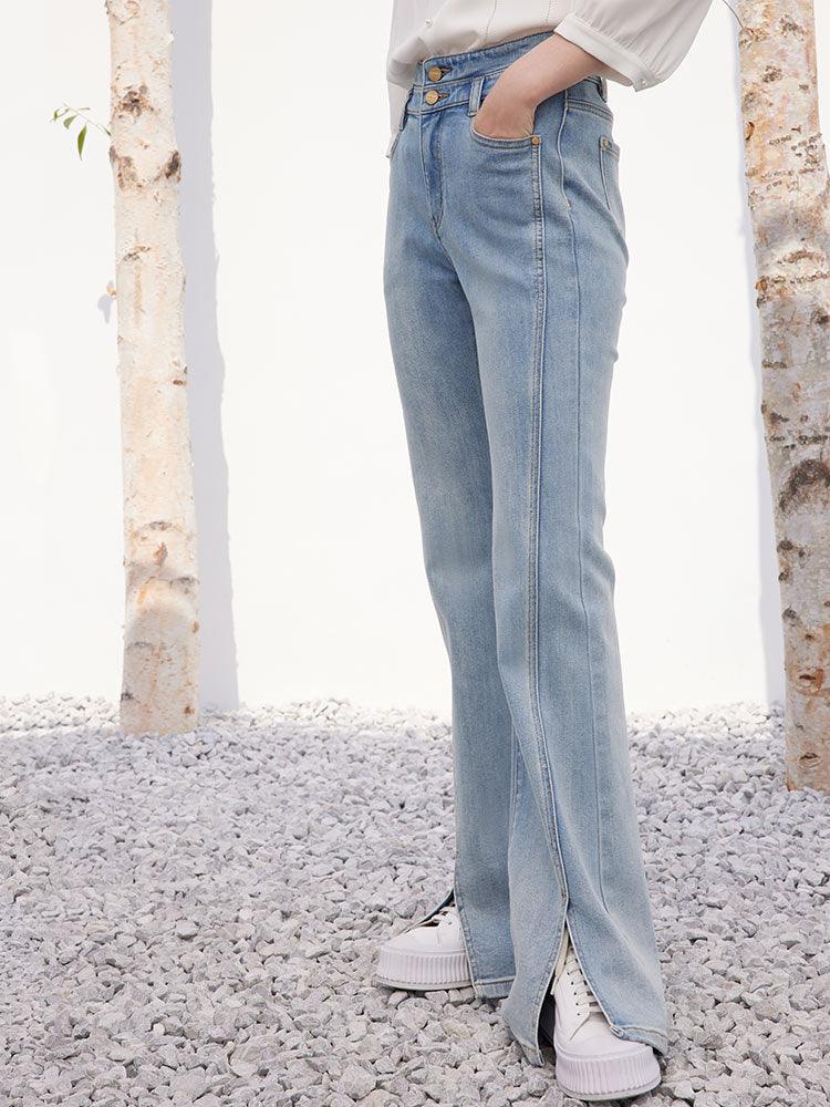 Light Blue Slit Jeans Pants GOELIA