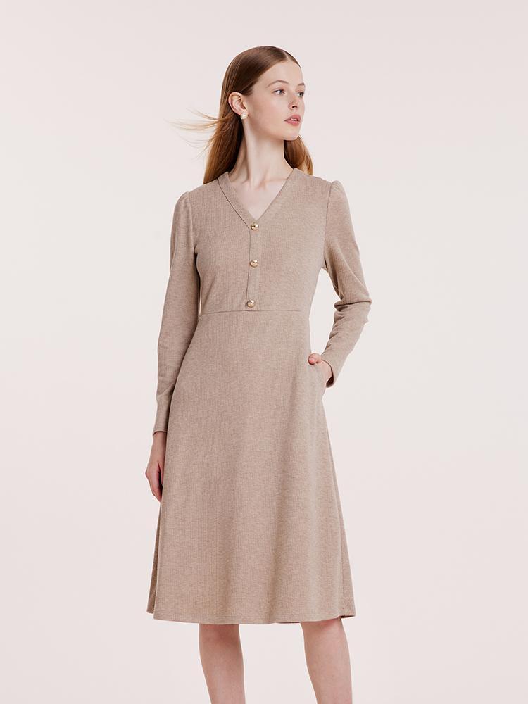 Beige Knit V-Neck Dress GOELIA