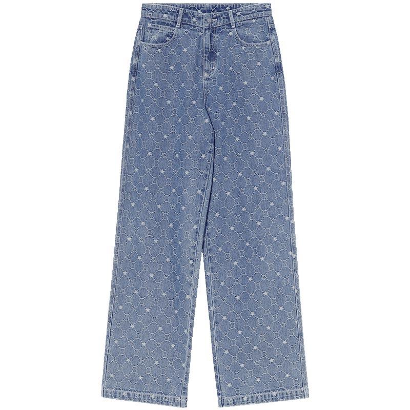 Blue Jacquard Denim Straight Leg Pants GOELIA