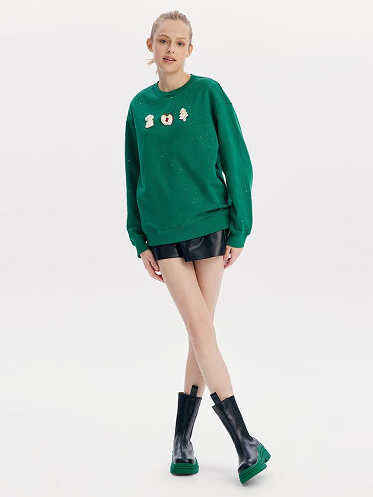 Green Sequin Round Neck Sweatshirt With Brooch GOELIA