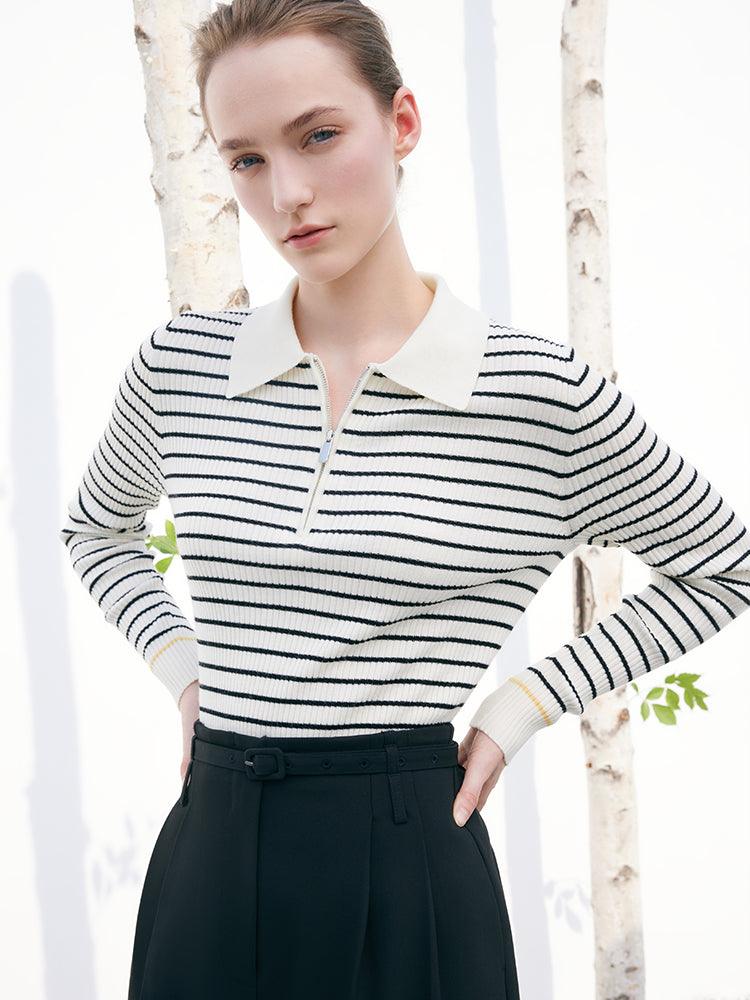 Black And White Striped Slim Woolen Jumper GOELIA