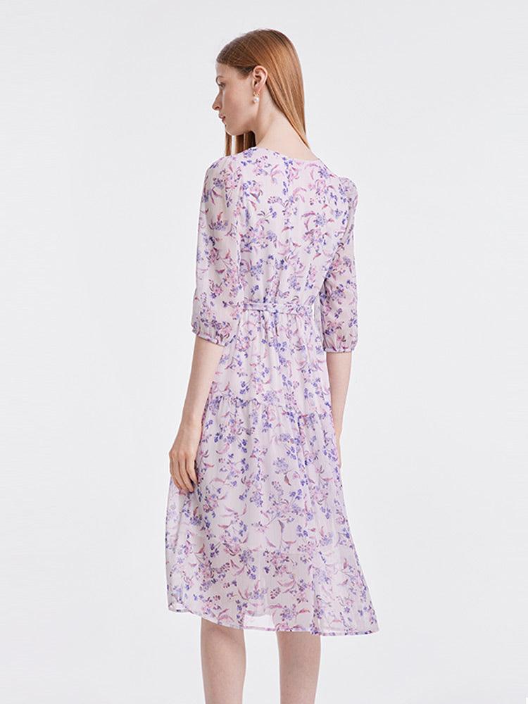 Purple Floral Belted Midi Dress GOELIA