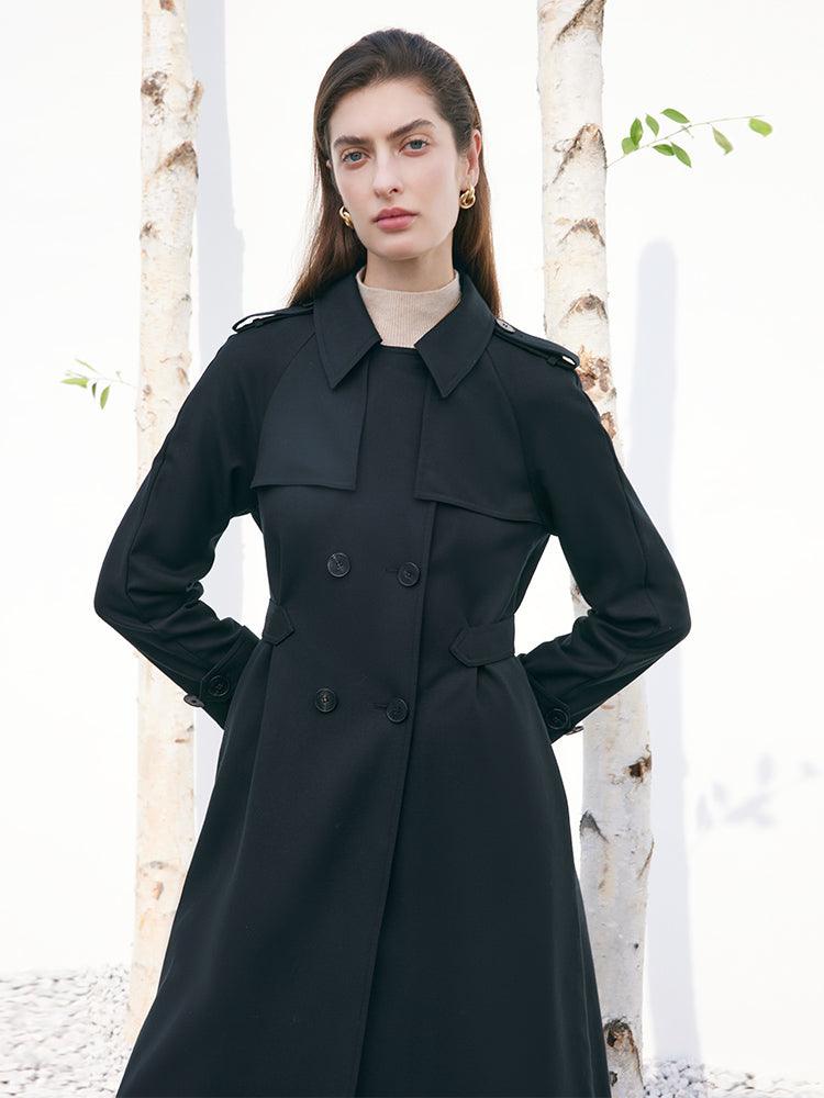 Black Worsted Wool Adjusted Slim Trench Coat GOELIA