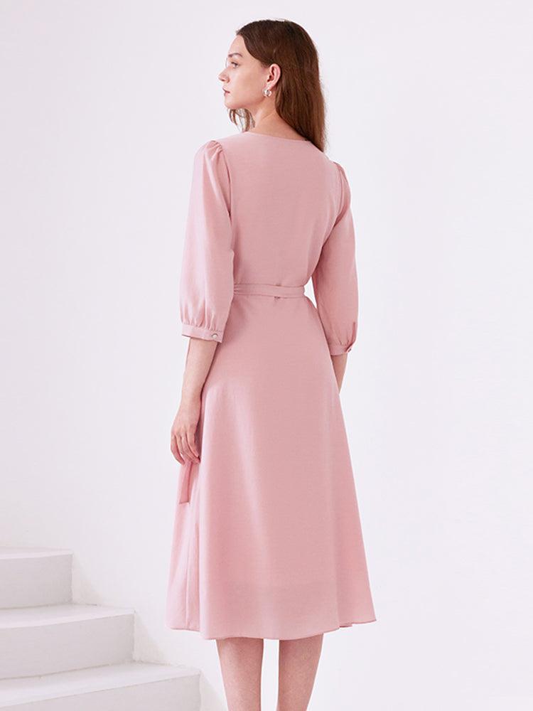 Pink V-neck Flowy Wrap Dress GOELIA