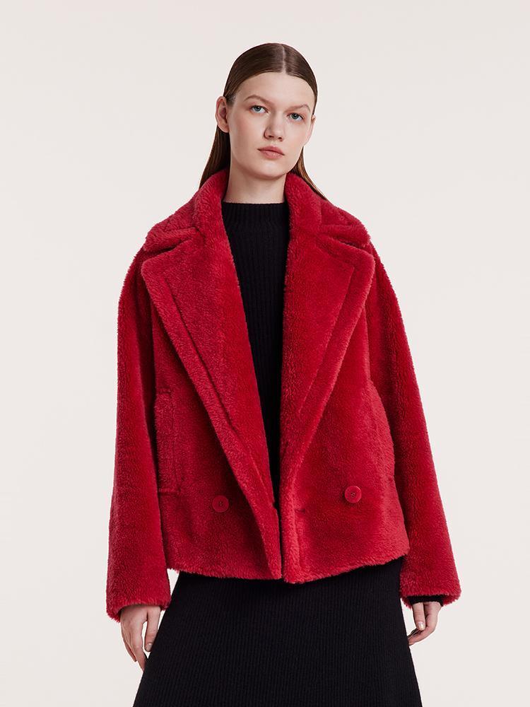 Lapel Double-Breasted Teddy Lamb Wool Short Coat GOELIA