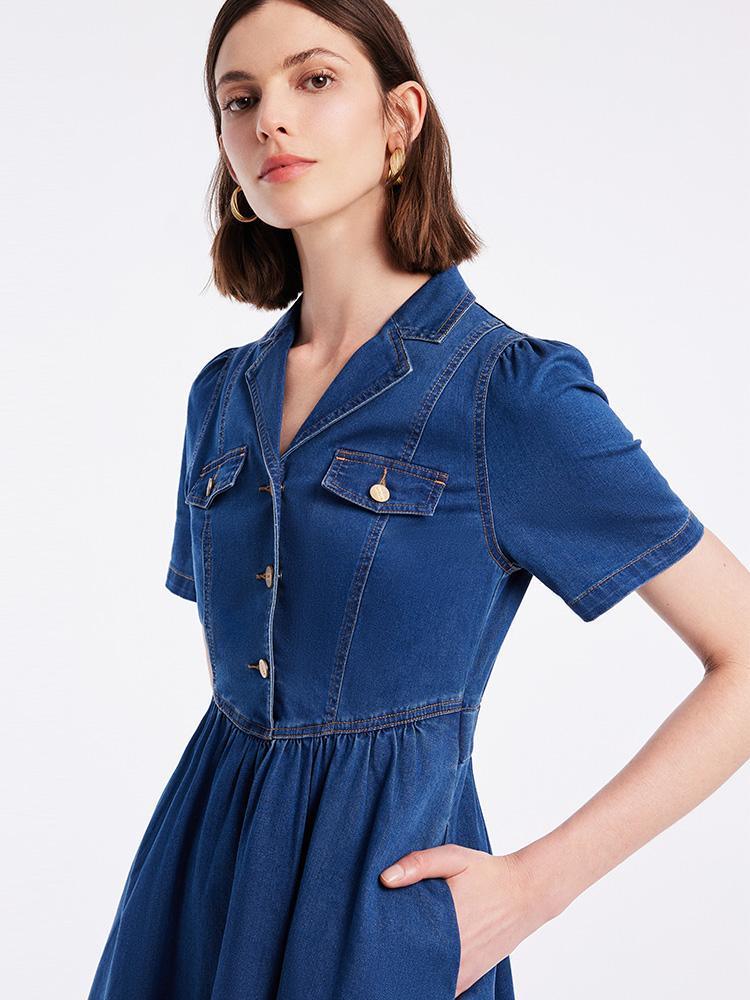 V-neck Waist-skimming Denim Dress GOELIA