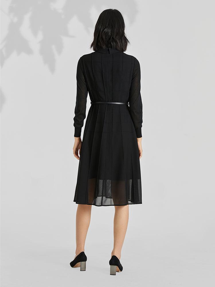 Black Triacetate Mesh Long Sleeve Dress With Belt GOELIA