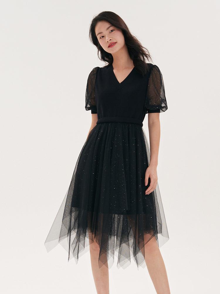 Black Sequins Patchwork Mesh Woollen Dress GOELIA