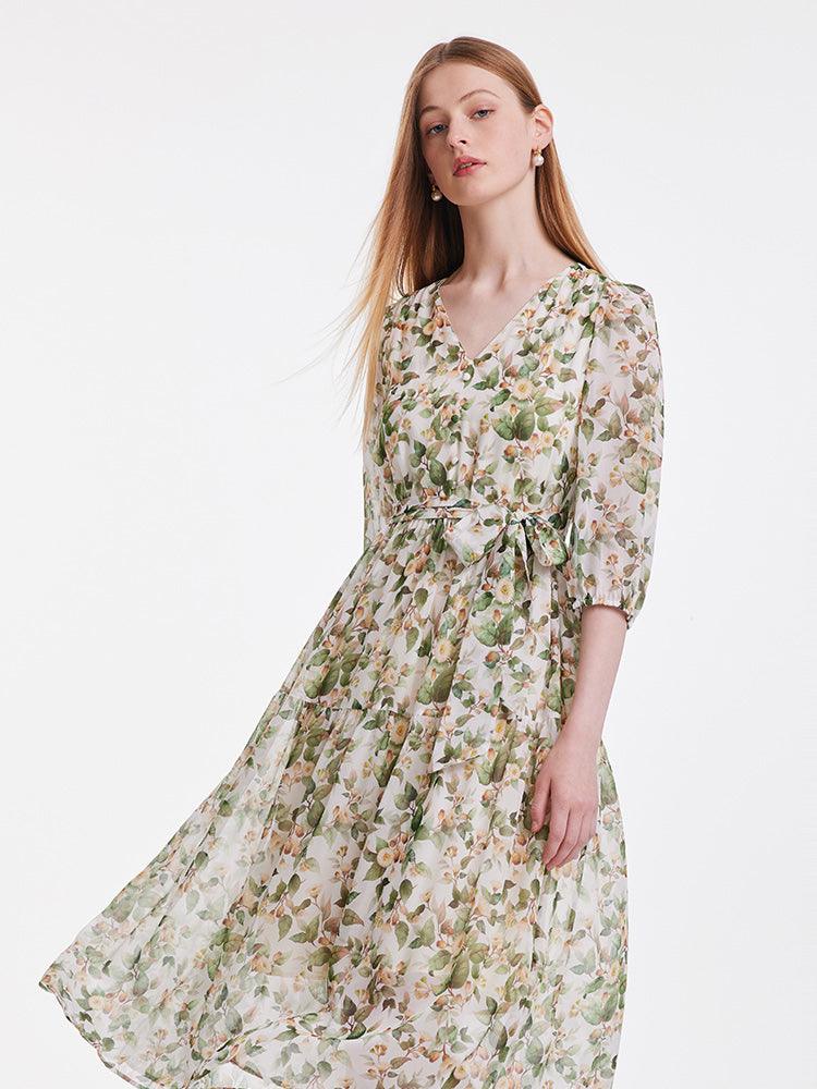 19 Momme Silk V-Neck Floral Dress GOELIA