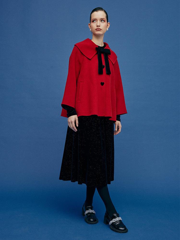 Chili Red Lapel Cape Woolen Coat GOELIA