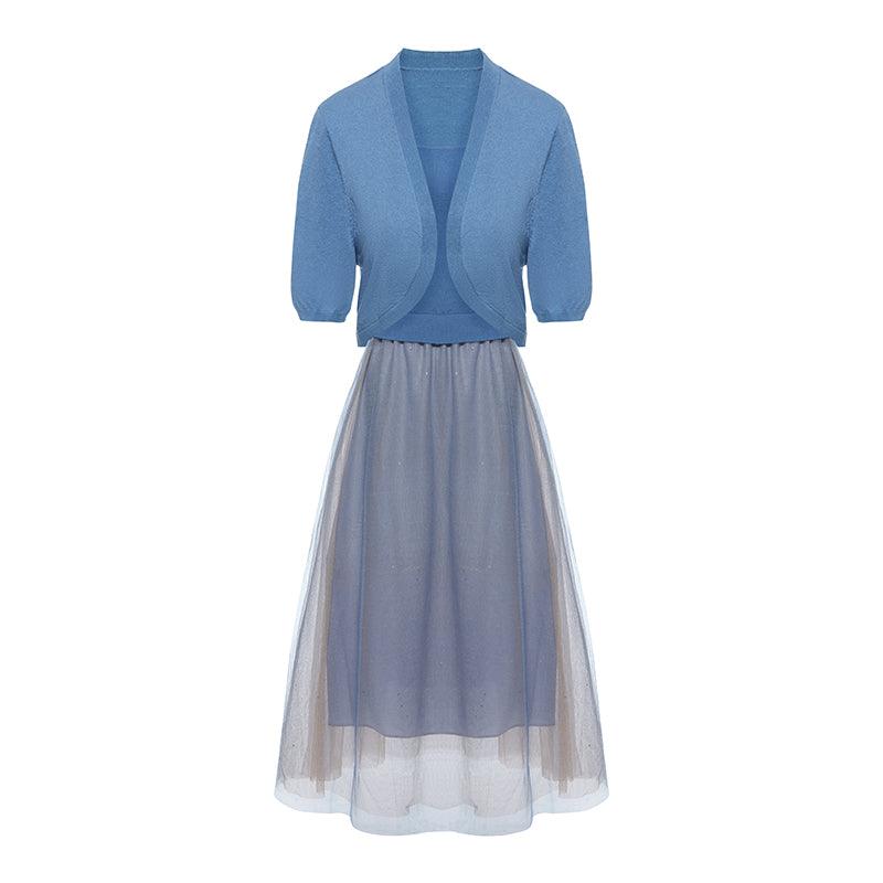 Two-Piece Set Blue Cardigan And Mesh Skirt GOELIA