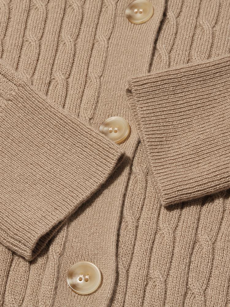 Camel Pure Cashmere V-Neck Cable Knit Cardigan GOELIA