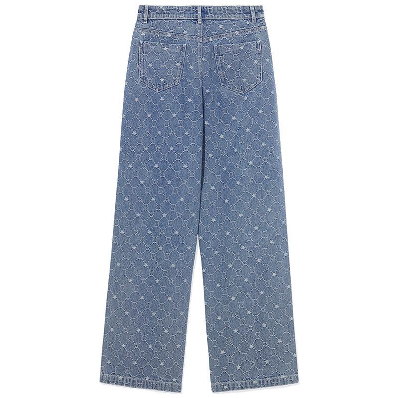 Blue Jacquard Denim Straight Leg Pants GOELIA