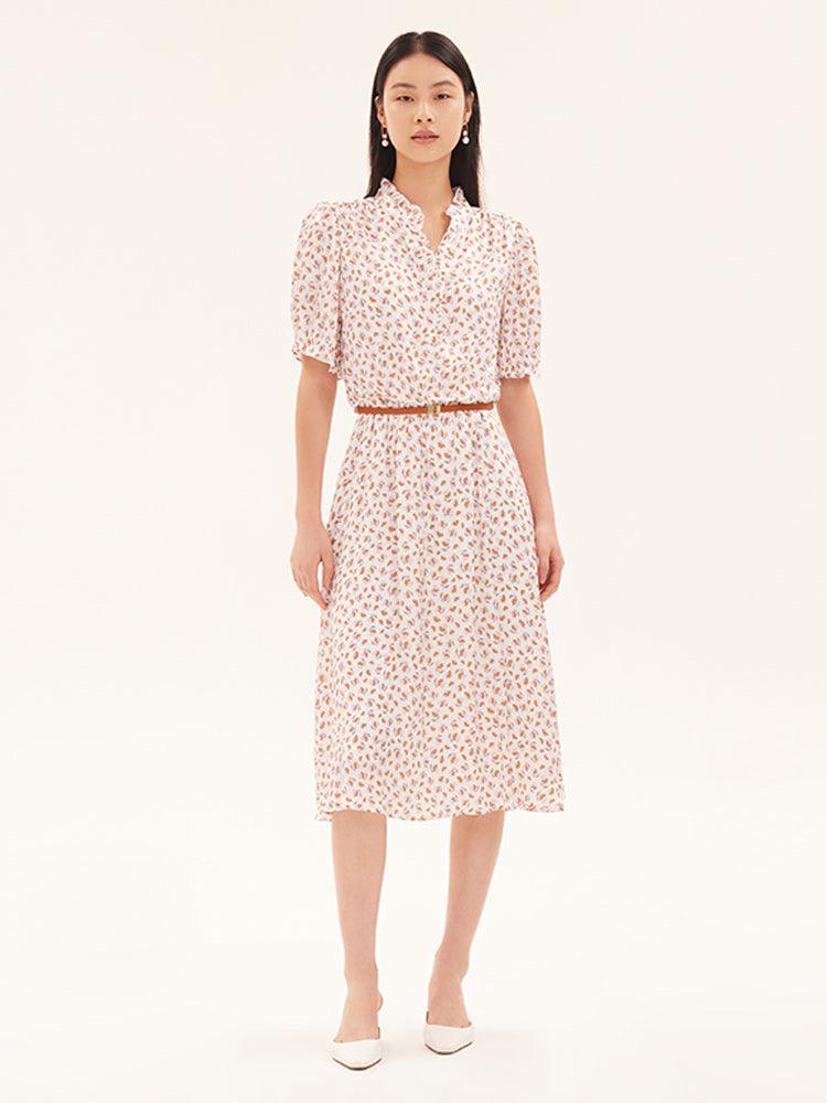 Ruffle Collar Printed Gathered Waist Dress GOELIA