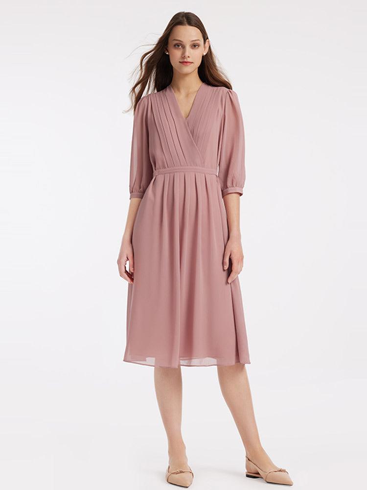 V-Neck Pleated Lace Up Wrap Dress GOELIA