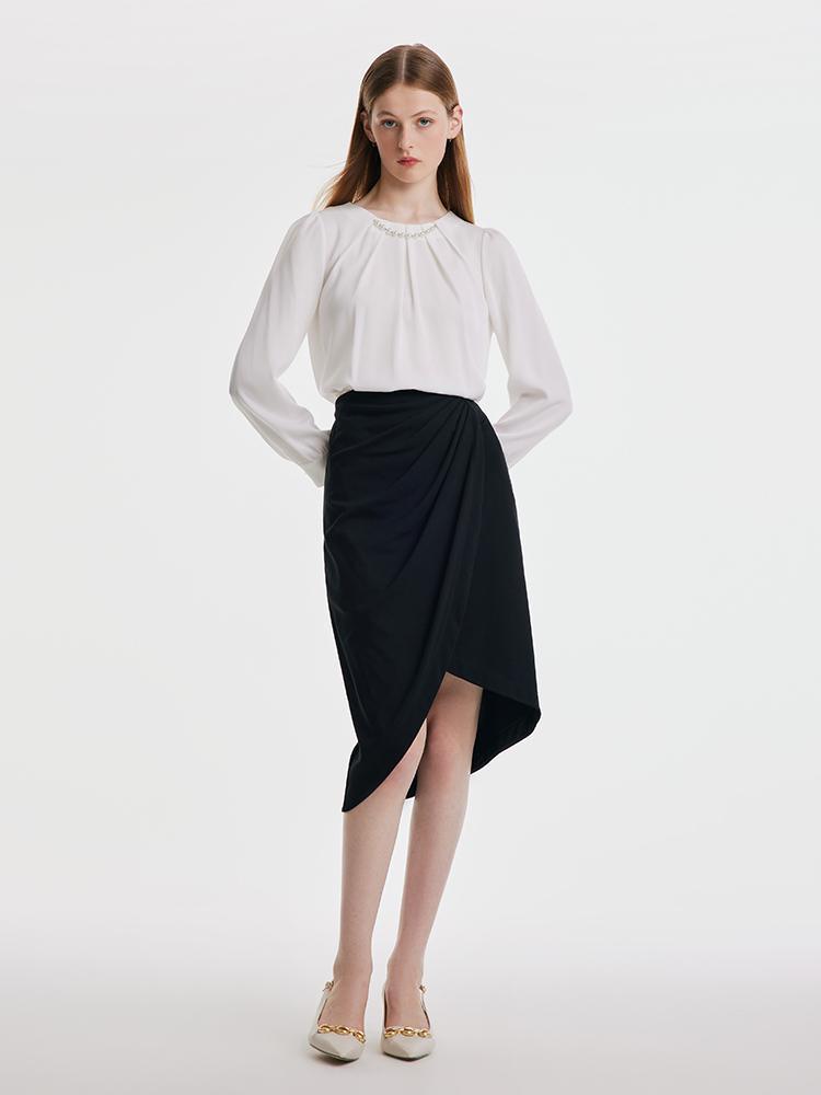 Knitted Ruched Asymmetric Hem Skirt GOELIA