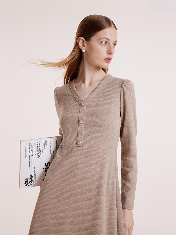 Beige Knit V-Neck Dress GOELIA