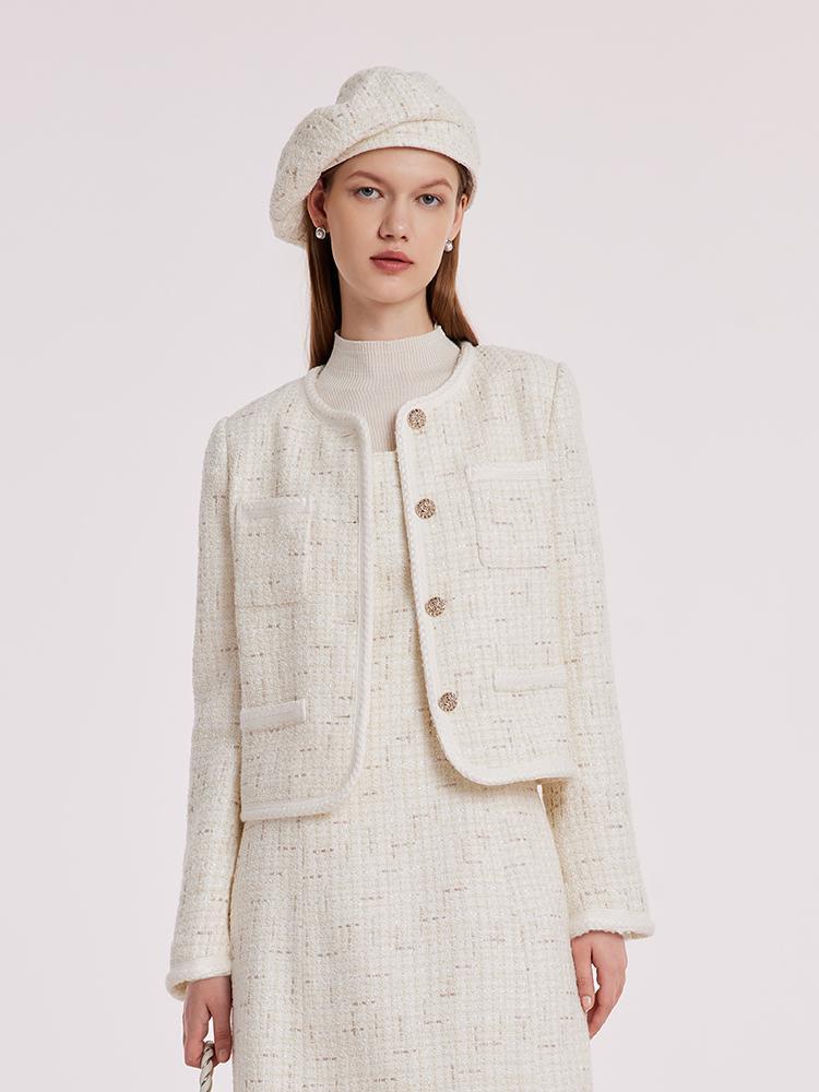 White Knitted Tweed Crop Jacket GOELIA