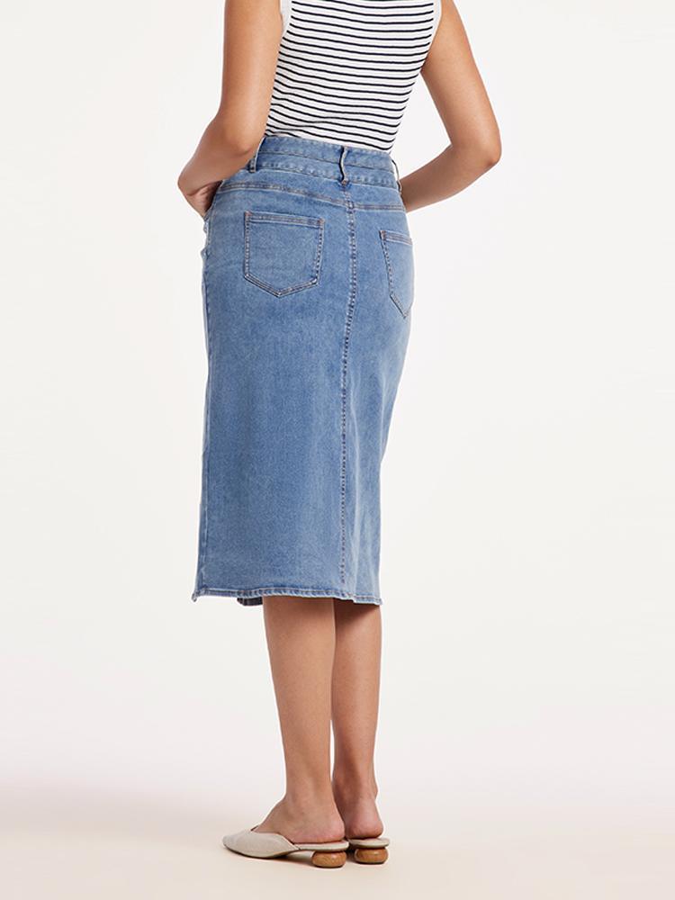 Blue High Waist Slit Denim Skirt GOELIA