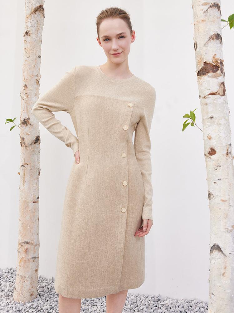 Cream Khaki Woolen Patchwork Slim Dress GOELIA