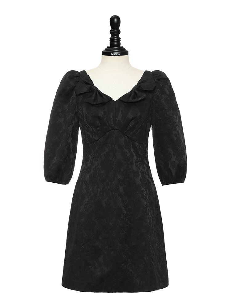 Black Jacquard V-neck Bow Dress GOELIA