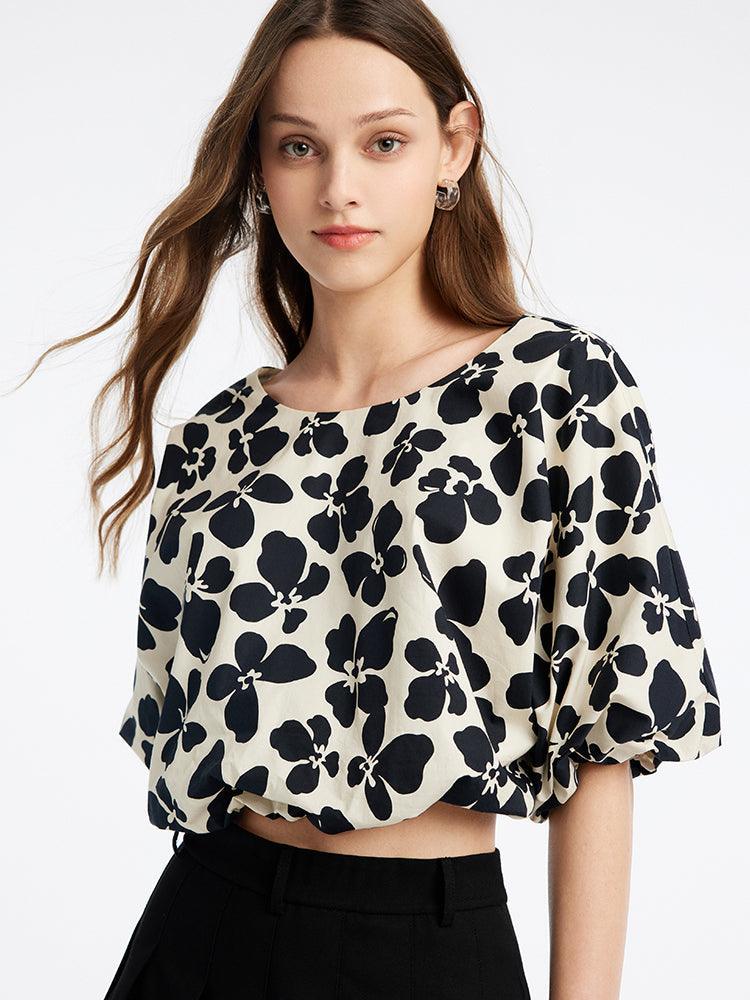 Crop Round Neck Puff Sleeve Top GOELIA