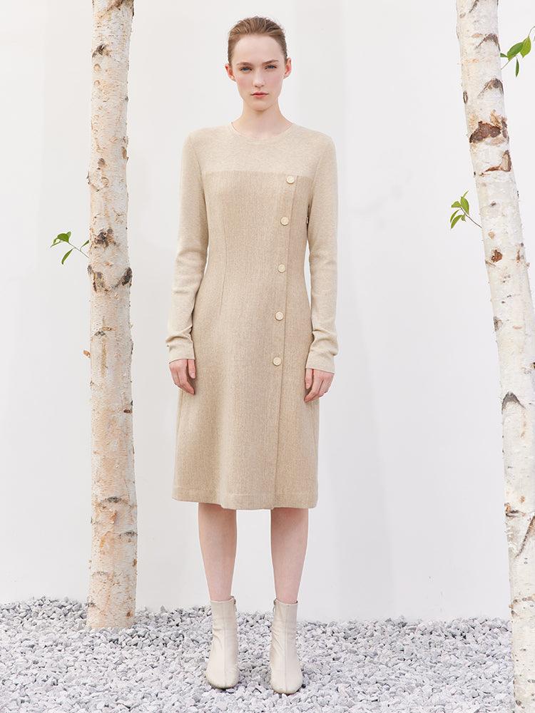 Cream Khaki Woolen Patchwork Slim Dress GOELIA