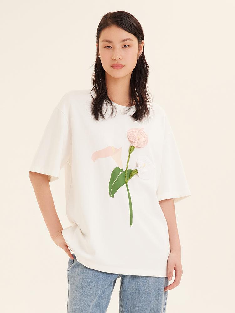 White 3D Floral Embroidery T-Shirt GOELIA