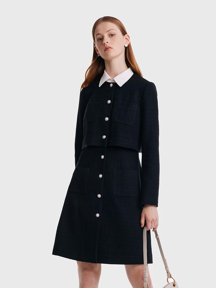 Mini-robe deux pièces en faux tweed avec col de chemise amovible 