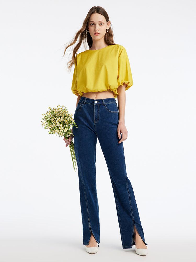 Yellow Crop Round Neck Top GOELIA