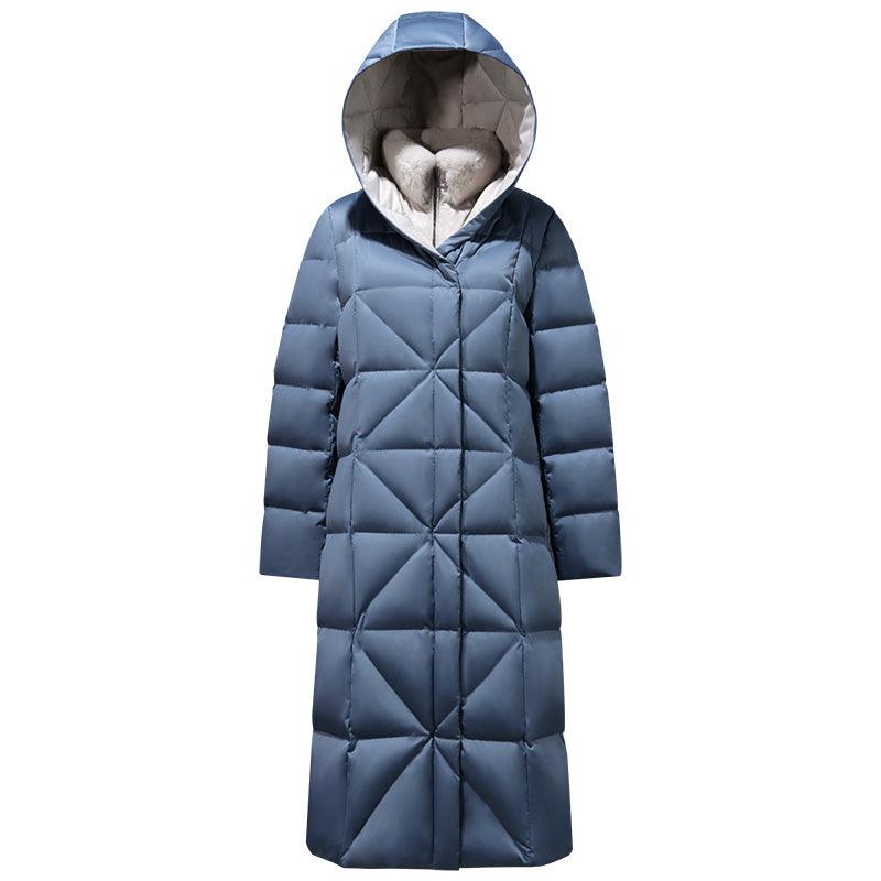 Fake Two Piece Goose Down Coat With Rabbit Fur Collar GOELIA