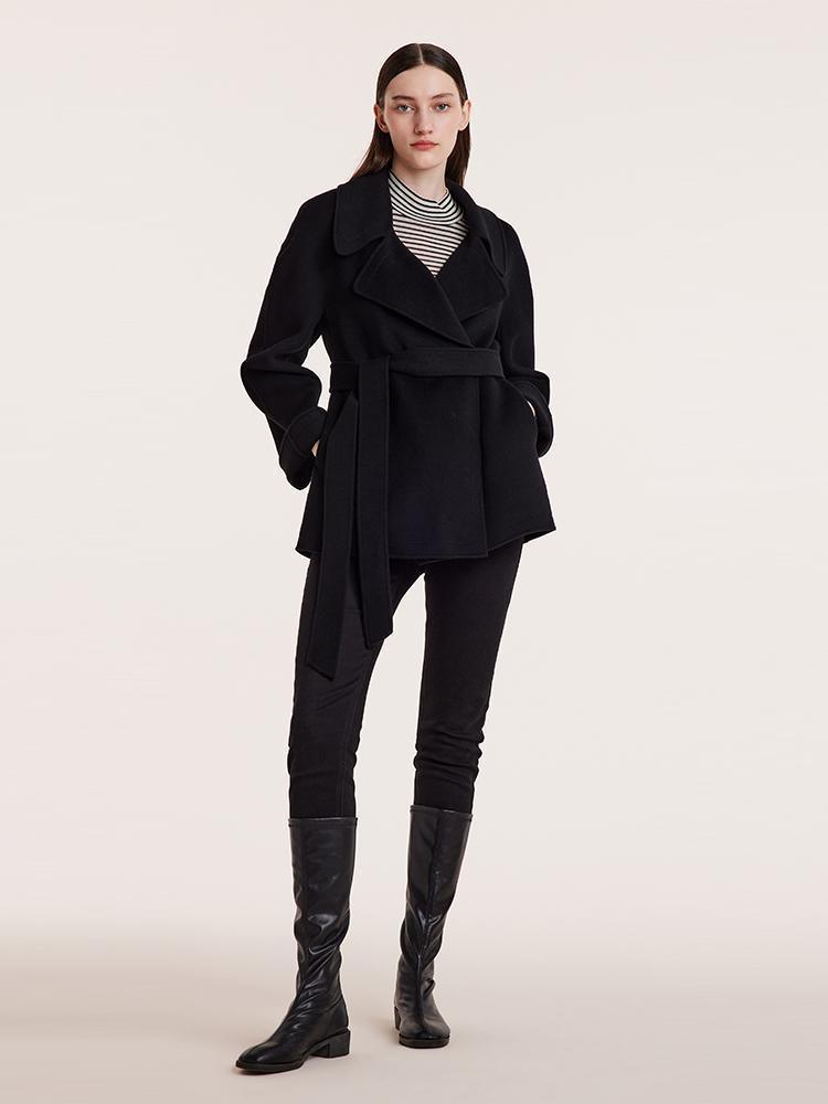 Tencel Wool Lapel Double-Faced Short Coat With Belt GOELIA