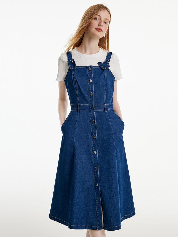 Denim Pinafore Dress With Bow Tie GOELIA