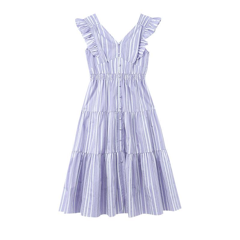 Stripe Pleated Fly Sleeve Dress GOELIA