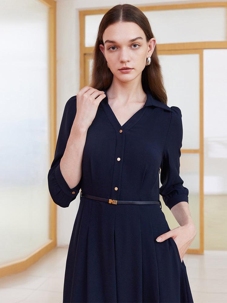 Dark Blue Flowy V-neck Dress With Belt GOELIA