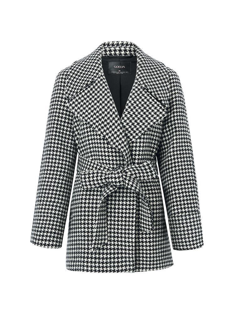 Washable Wool Houndstooth Coat With Belt GOELIA