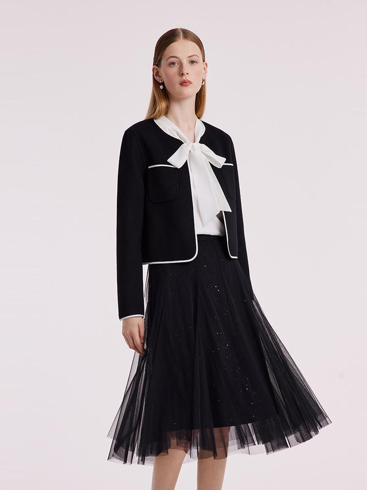 Pure Double-Faced Wool Round Neck Cropped Jacket