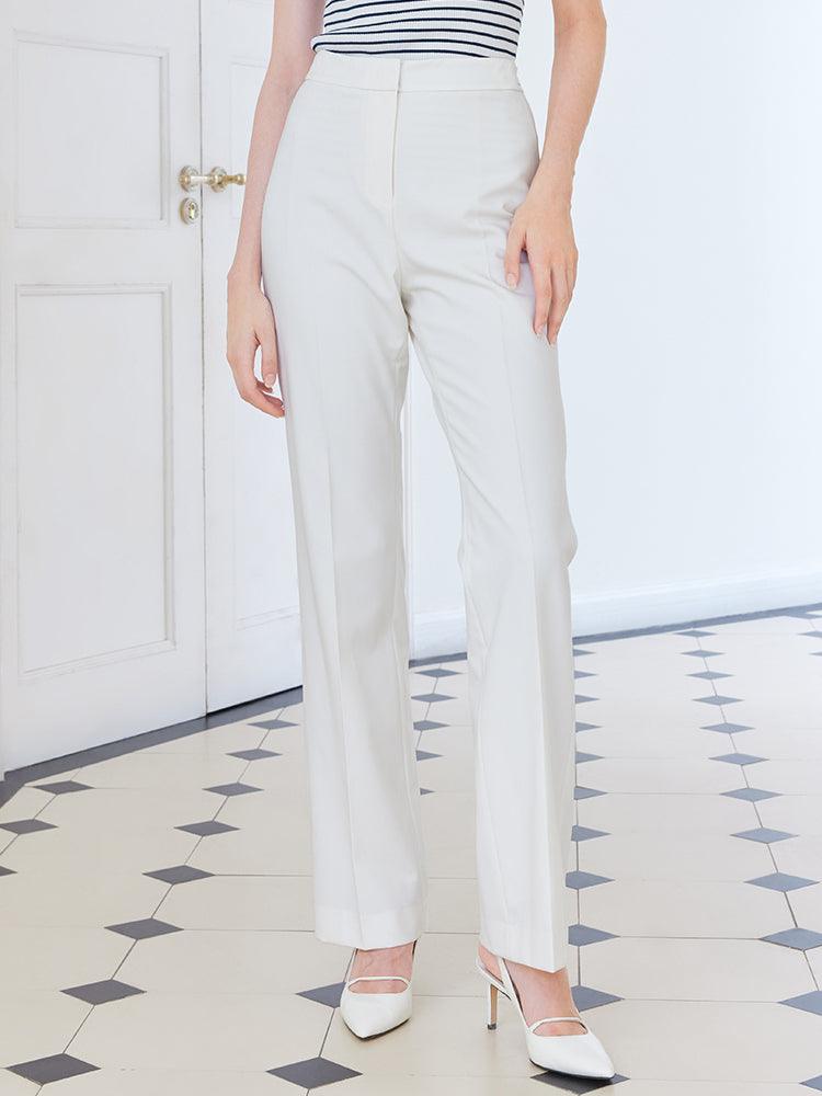 White Adjustable Waist Full Length Pants GOELIA