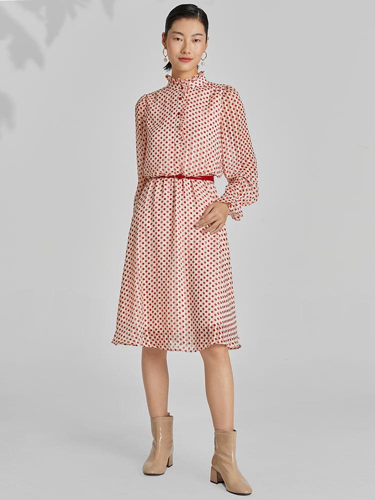 Golden Stripe Chiffon Polka Dots Dress GOELIA