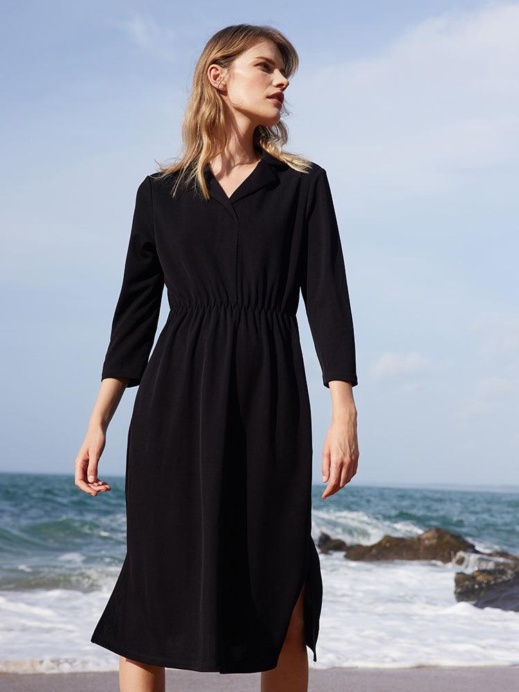 Black Triacetate Gathered Waist Woven Dress GOELIA