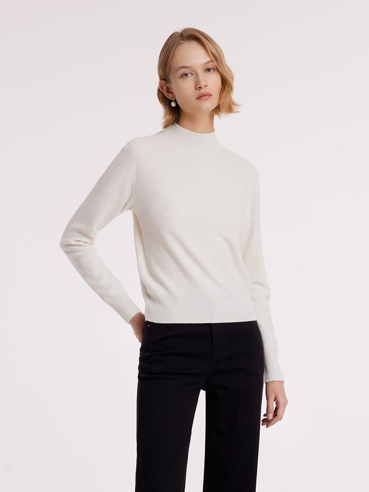 White Wool Sequins Seamless Mock Neck Sweater GOELIA